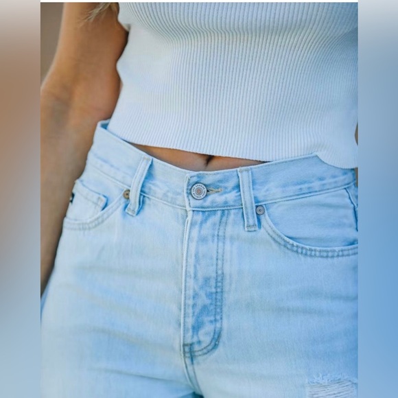 Vici London High Rise 90s Style Distressed Light Wash Denim Flare Wide Leg Jeans - Picture 3 of 9